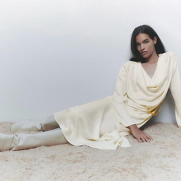 ZARA Dress • BLOGGER FAVORITE • Gold Chain Satin Effect Size S • NEW WITH TAGS • - Picture 1 of 10